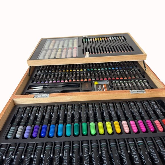 Gallery Wooden Art Supply Box Set 129 Pieces Paints Brushes Pastels Pencils - Ga - Picture 2 of 16